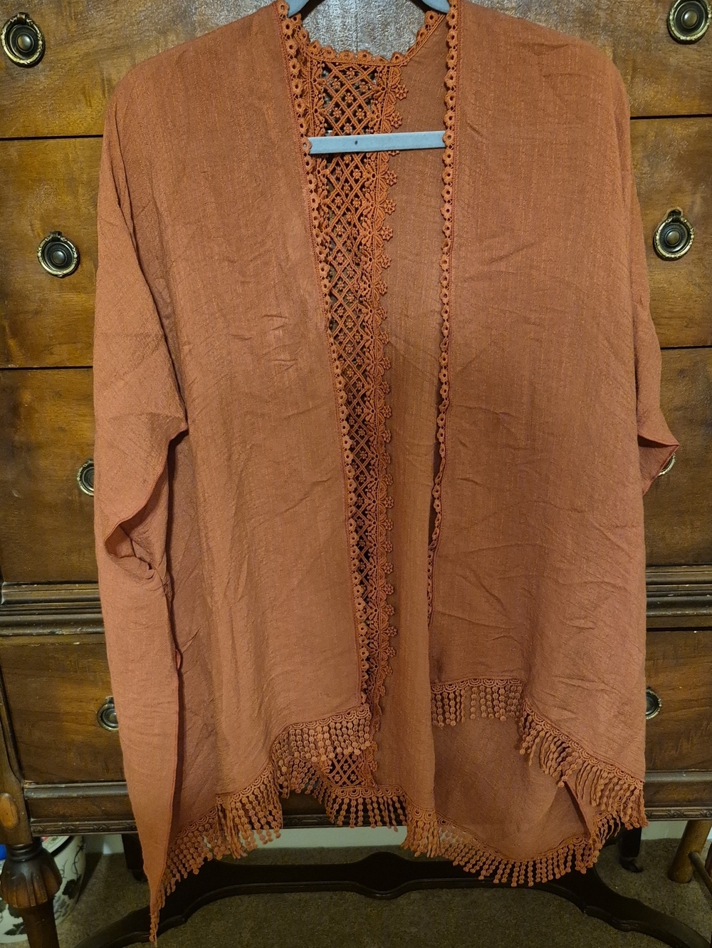 Women's Open Front Crochet-Trim Cardigan - Terracotta